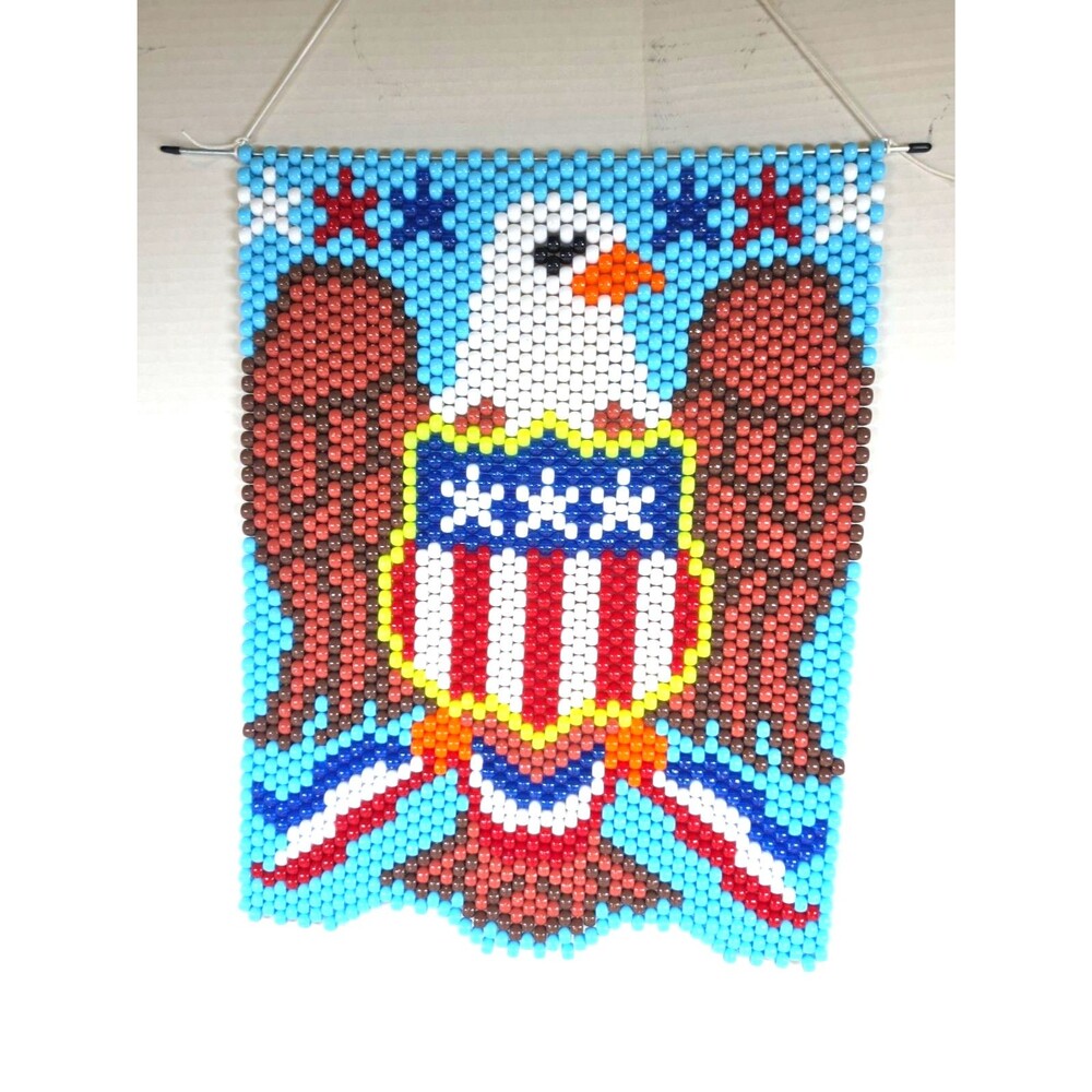Vintage Flag Eagle Wall Art Hanging Handmade Beaded American Patriotic 12x16